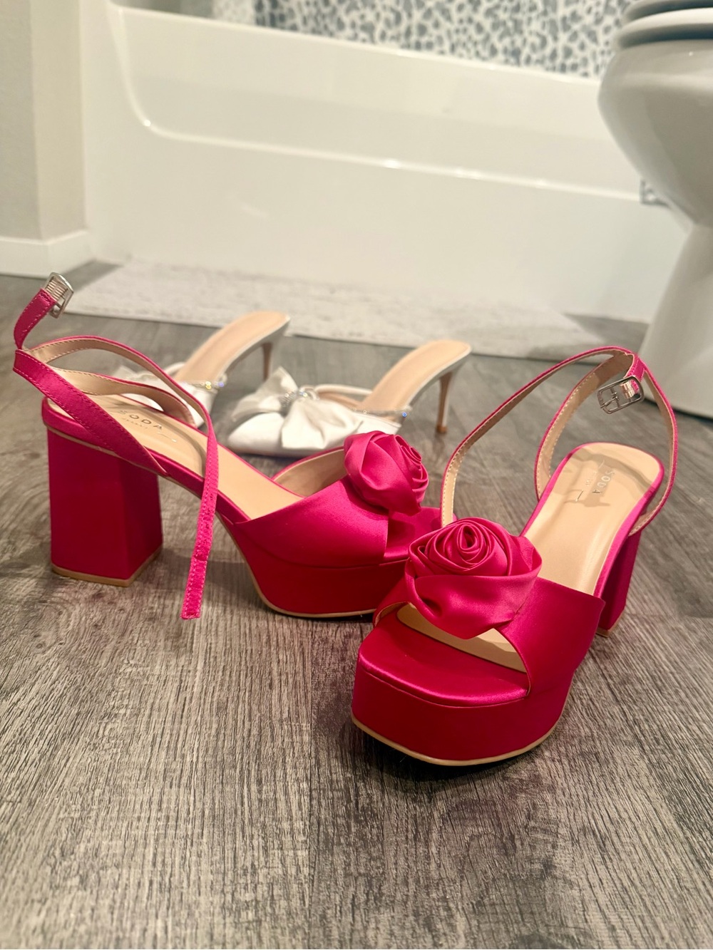 Bold Hot Pink Satin Platform Slingback Heels with Rosette Accent